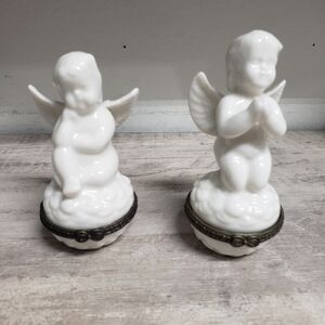 Vintage White Porcelain Angel Cherub Trinket Box Set of 2 Playing Angels Wings